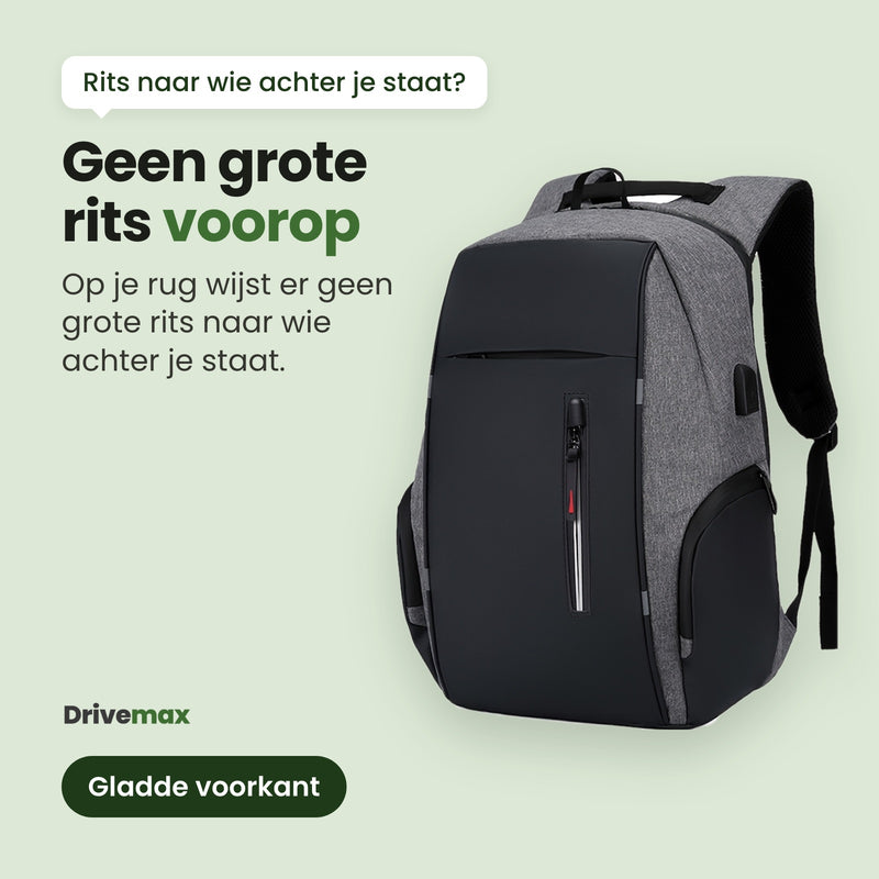 De Metrova rugzak met een gladde voorkant: geen grote rits voorop die naar wie achter je staat wijst