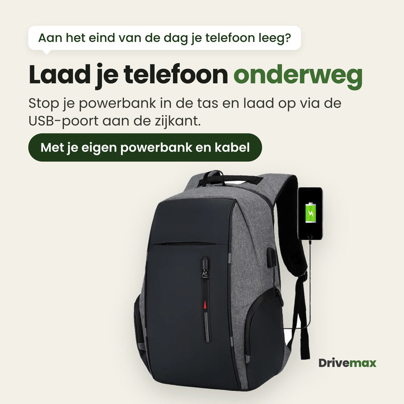 De Metrova met een telefoon aan de USB-poort aan de zijkant: laad je telefoon onderweg met je eigen powerbank en kabel