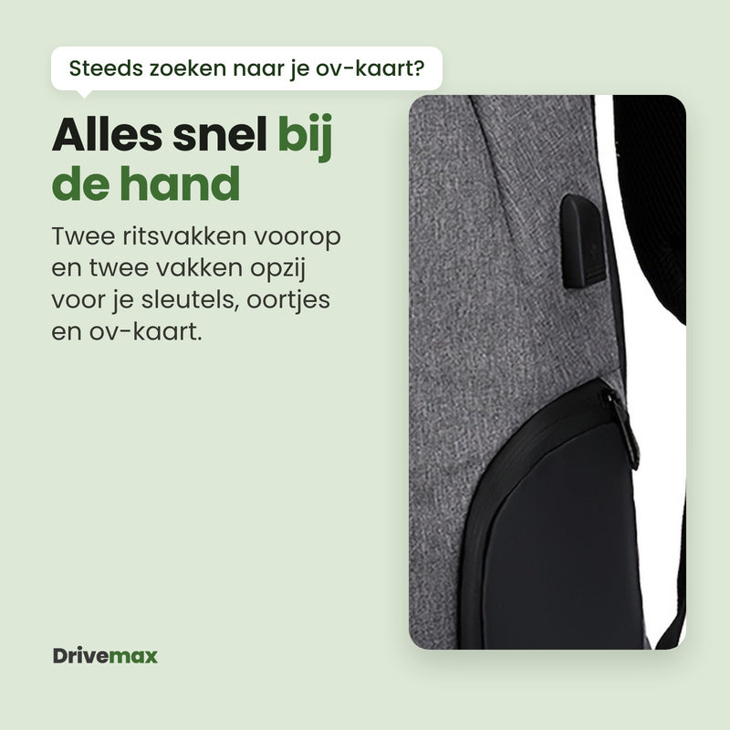 Zijkant van de Metrova met de USB-poort en een zijvak: twee ritsvakken voorop en twee vakken opzij voor sleutels, oortjes en ov-kaart