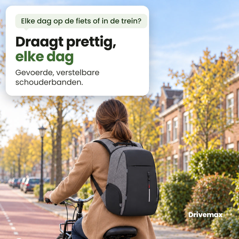 Vrouw van achteren op de fiets met de Metrova op haar rug: gevoerde, verstelbare schouderbanden, draagt prettig elke dag