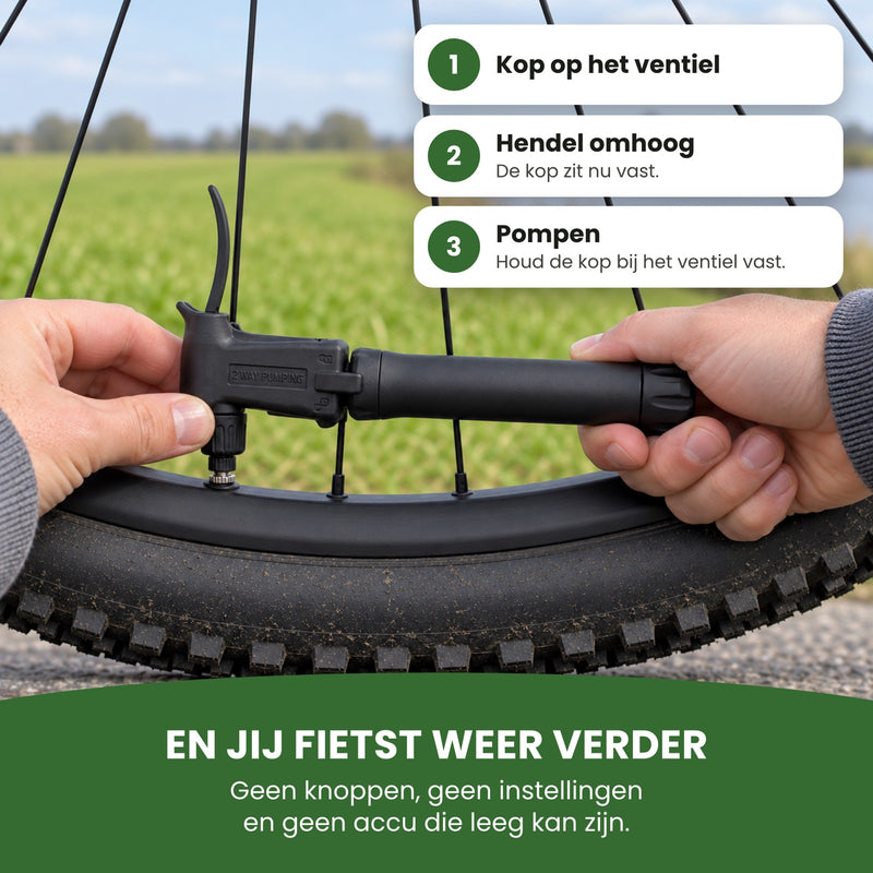 De kop van de mini fietspomp op het ventiel van een fietsband, de hendel omhoog: kop op het ventiel, hendel omhoog, pompen en je fietst weer verder