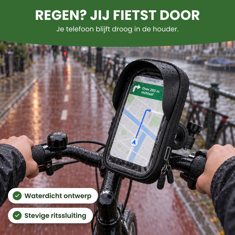 MotoShield telefoonhouder op een fietsstuur in de regen: waterdicht ontwerp met stevige ritssluiting
