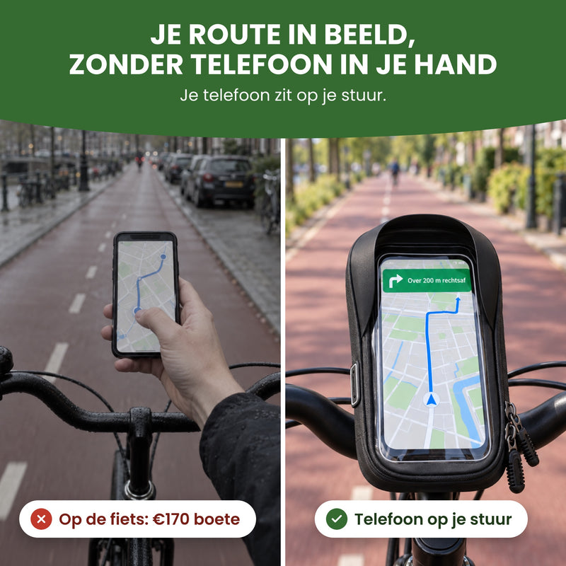 Links fietsen met een telefoon in de hand (op de fiets 170 euro boete), rechts de telefoon in de MotoShield op het stuur