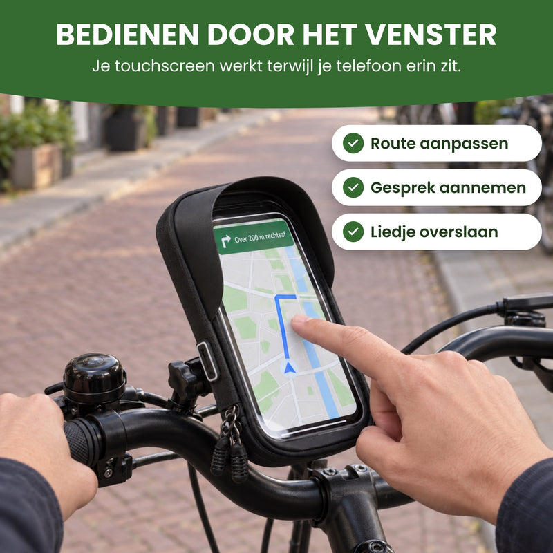 Een vinger bedient de telefoon door het venster van de MotoShield: route aanpassen, gesprek aannemen, liedje overslaan