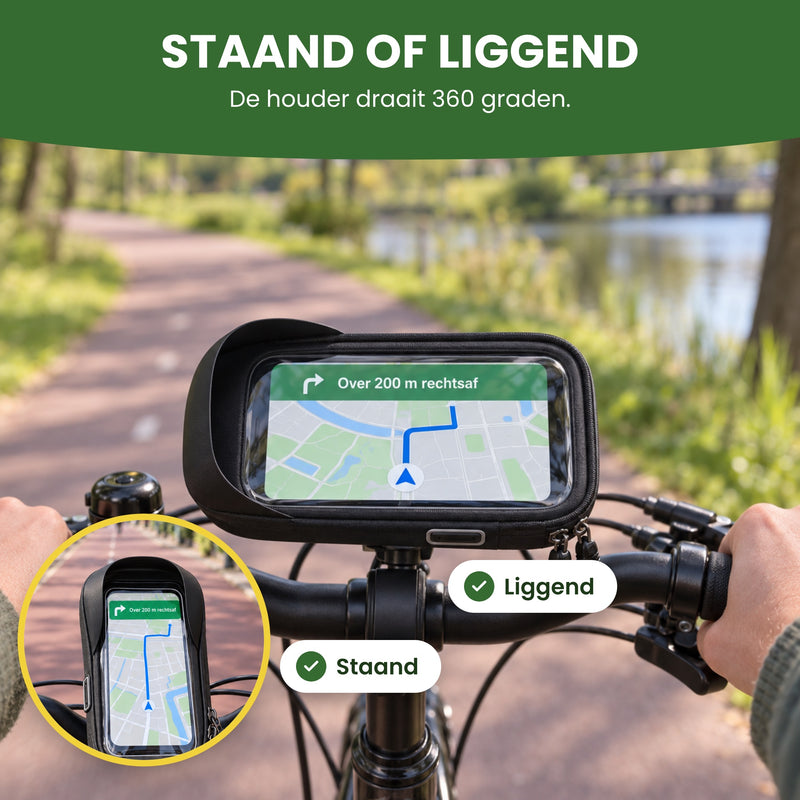 MotoShield telefoonhouder liggend en staand op het stuur: de houder draait 360 graden