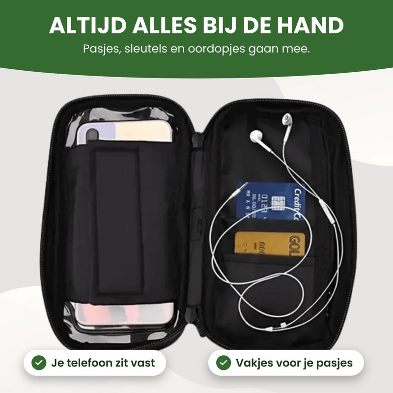 MotoShield telefoonhouder opengeklapt, met de telefoon achter een band en vakjes voor pasjes en oordopjes