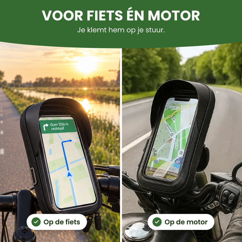 MotoShield telefoonhouder op een fietsstuur en op een motorstuur