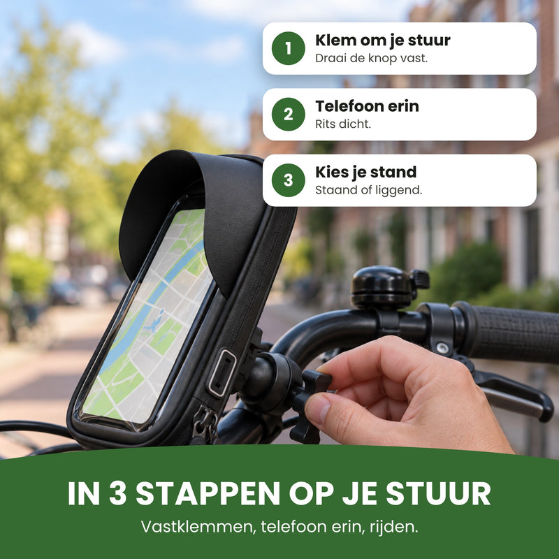 MotoShield monteren in drie stappen: klem om je stuur, telefoon erin en rits dicht, stand kiezen