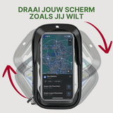MotoShield waterdichte telefoonhouder met 360 graden draaifunctie en navigatiescherm in portretstand.