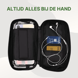 MotoShield waterdichte telefoonhouder opengeklapt met ruimte voor pasjes, oordopjes en smartphone.