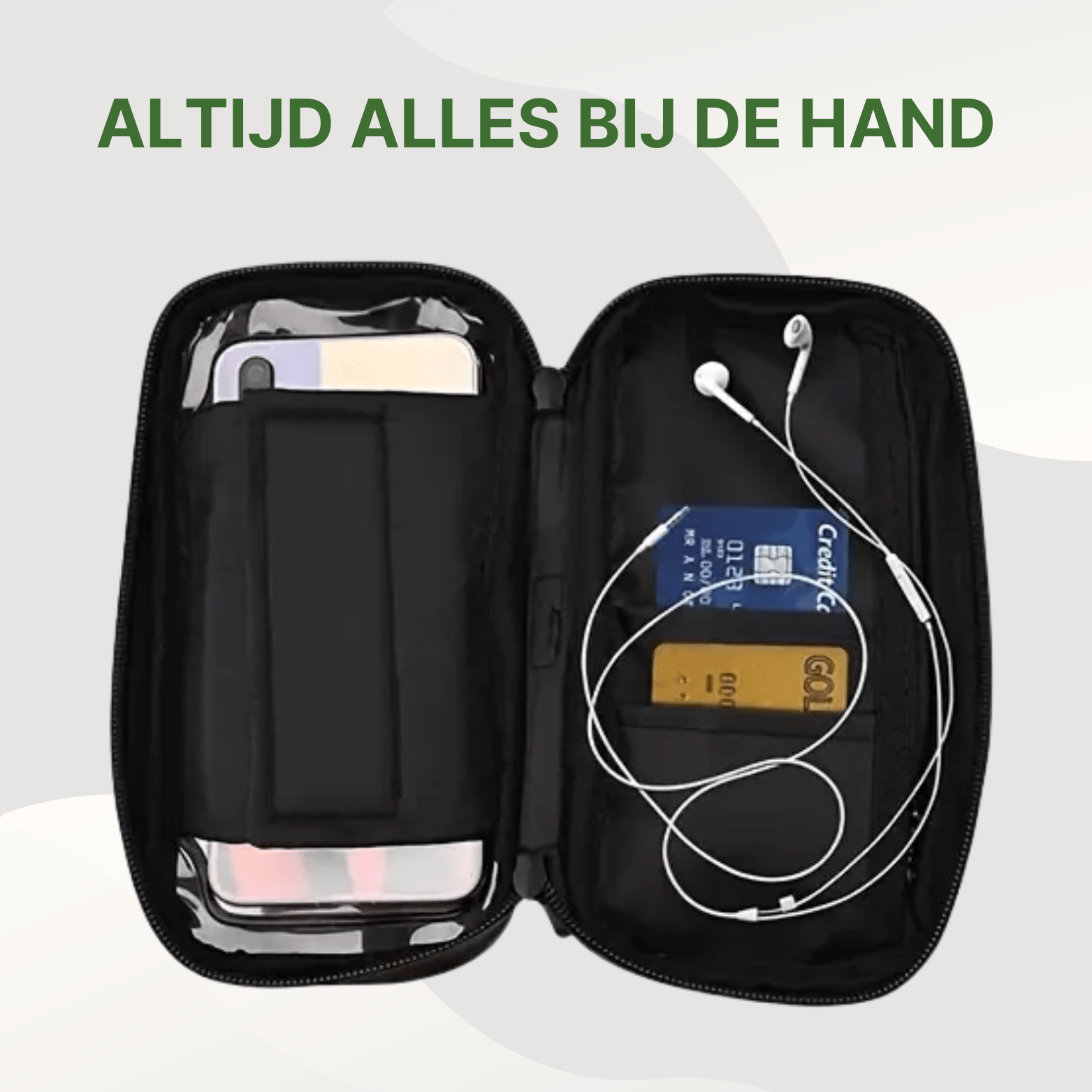 MotoShield waterdichte telefoonhouder opengeklapt met ruimte voor pasjes, oordopjes en smartphone.