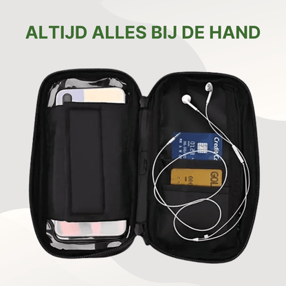 MotoShield waterdichte telefoonhouder opengeklapt met ruimte voor pasjes, oordopjes en smartphone.