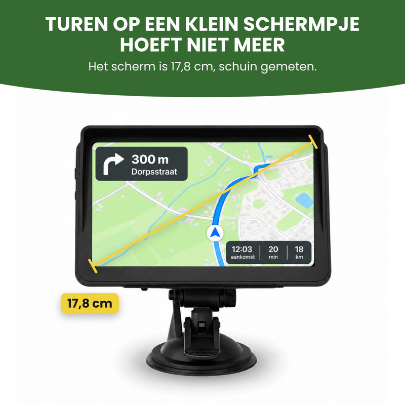 Navigatiescherm van voren met een maatlijn over het scherm: 17,8 cm, schuin gemeten. Turen op een klein schermpje hoeft niet meer