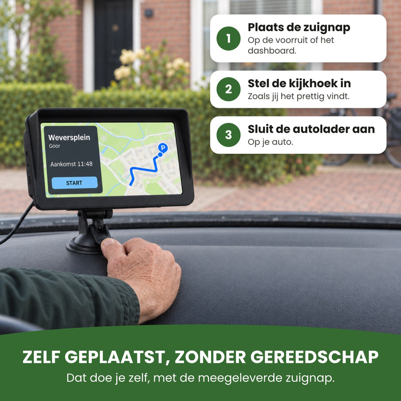 Hand drukt de zuignap van het navigatiescherm vast op het dashboard van een geparkeerde auto: zelf geplaatst, zonder gereedschap