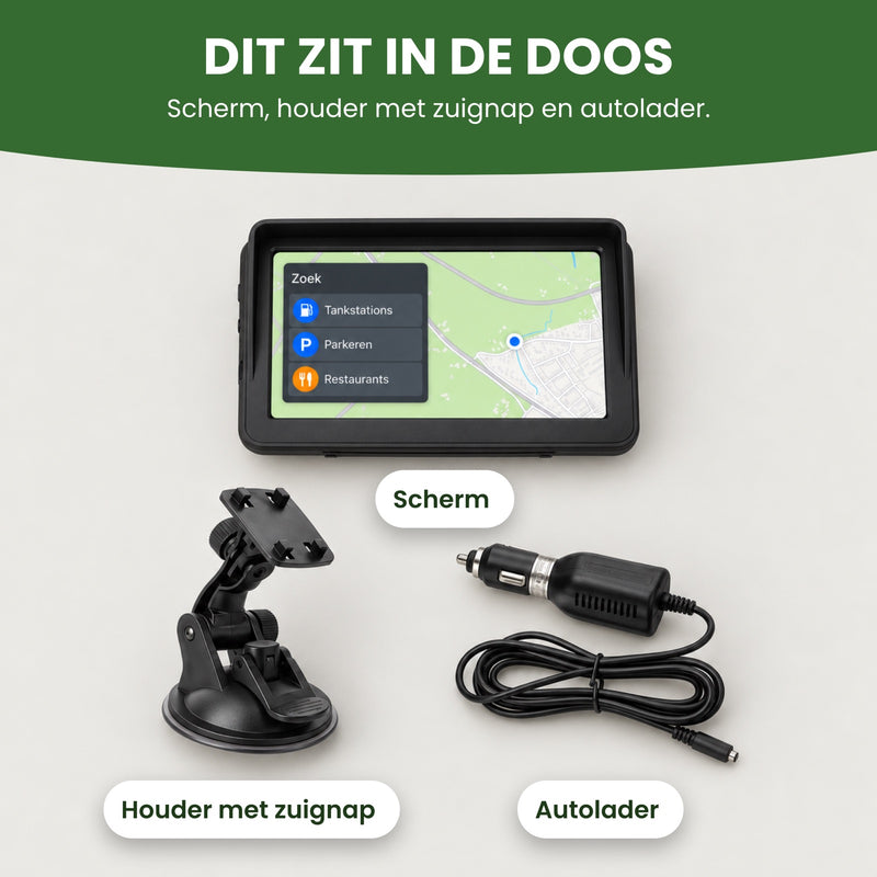 Inhoud van de doos van het Auto Navigatie Scherm: scherm, houder met zuignap en autolader