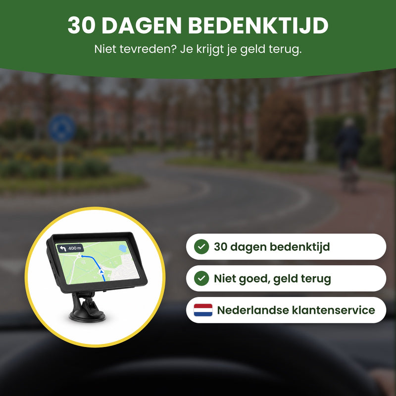 Navigatiescherm op de houder met zuignap in een cirkel, met Nederlandse klantenservice: 30 dagen bedenktijd, niet goed geld terug