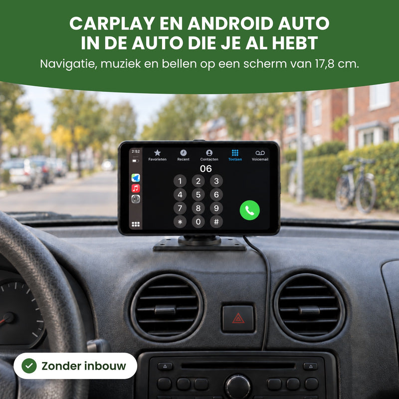 Navion One CarPlay-scherm met de toetsen van de telefoon op het dashboard van een oudere auto: CarPlay en Android Auto in de auto die je al hebt