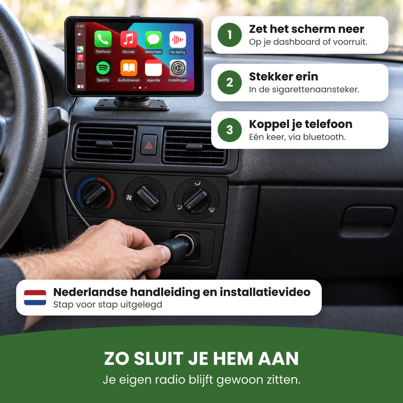 Stekker van de Navion One in de sigarettenaansteker, in drie stappen aangesloten. Met Nederlandse handleiding en video