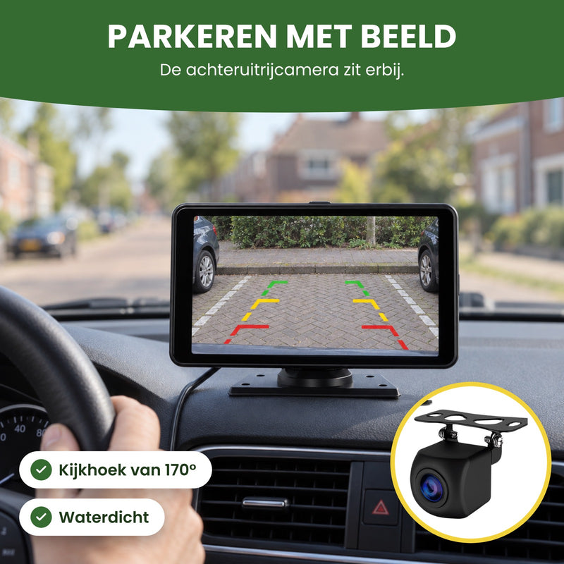 Navion One met het beeld van de achteruitrijcamera en hulplijnen tijdens het inparkeren: parkeren met beeld