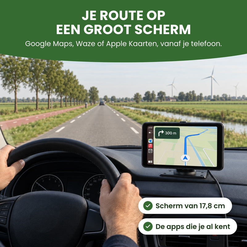Navion One met navigatie op het scherm op een Nederlandse polderweg: je route op een scherm van 17,8 cm