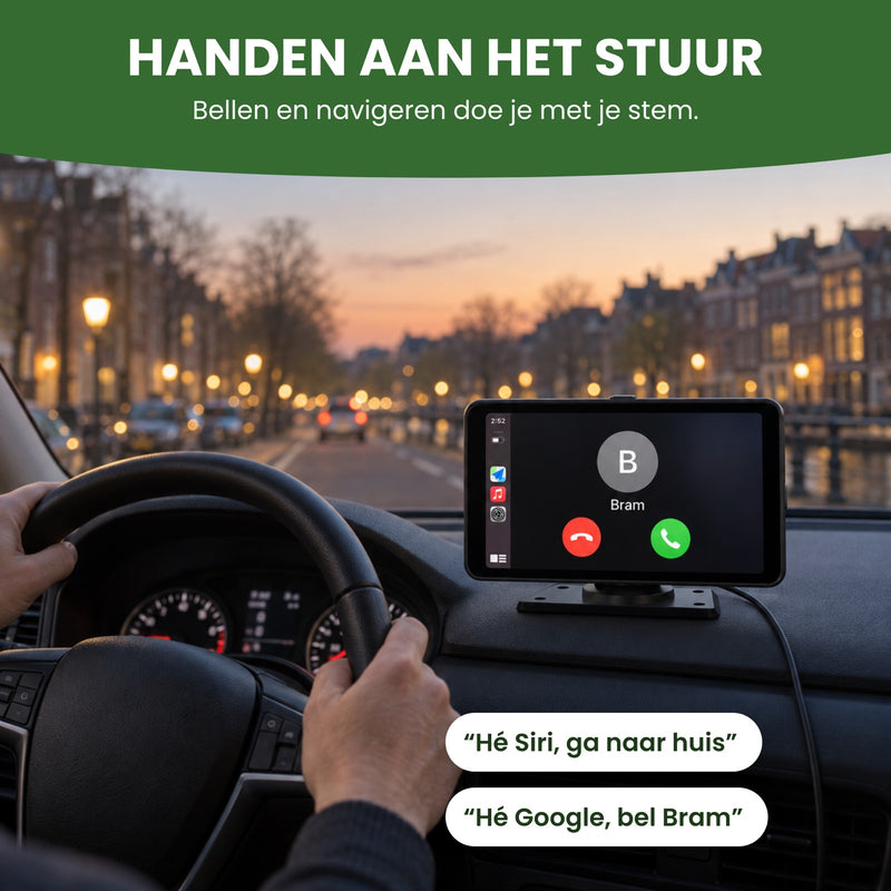 Navion One met een inkomend gesprek op het scherm en beide handen aan het stuur: bellen en navigeren met je stem