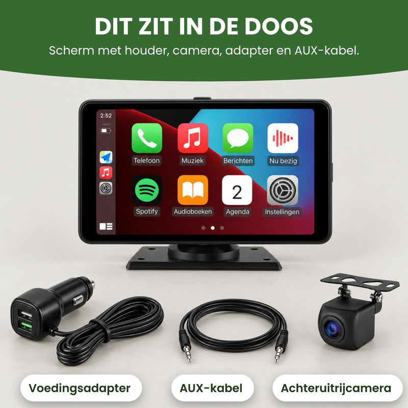 Inhoud van de doos van de Navion One: scherm met houder, achteruitrijcamera, voedingsadapter en AUX-kabel