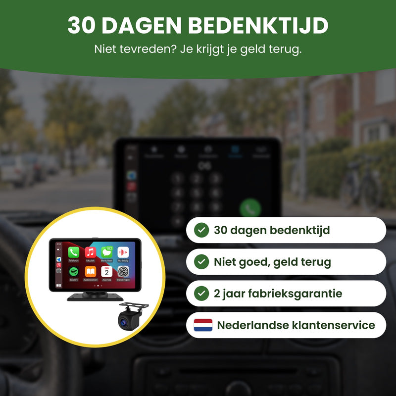 Navion One CarPlay-scherm met 30 dagen bedenktijd, 2 jaar fabrieksgarantie en Nederlandse klantenservice