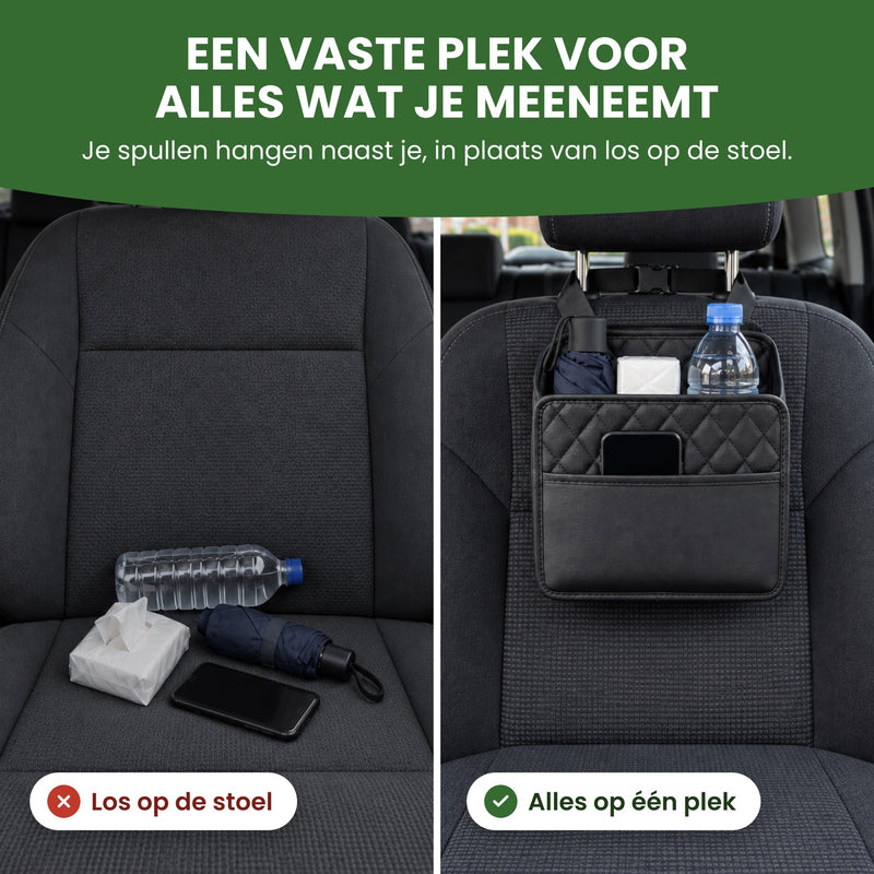 Links losse spullen op de autostoel, rechts dezelfde spullen in de Navorra organizer aan de stoel: een vaste plek voor alles wat je meeneemt