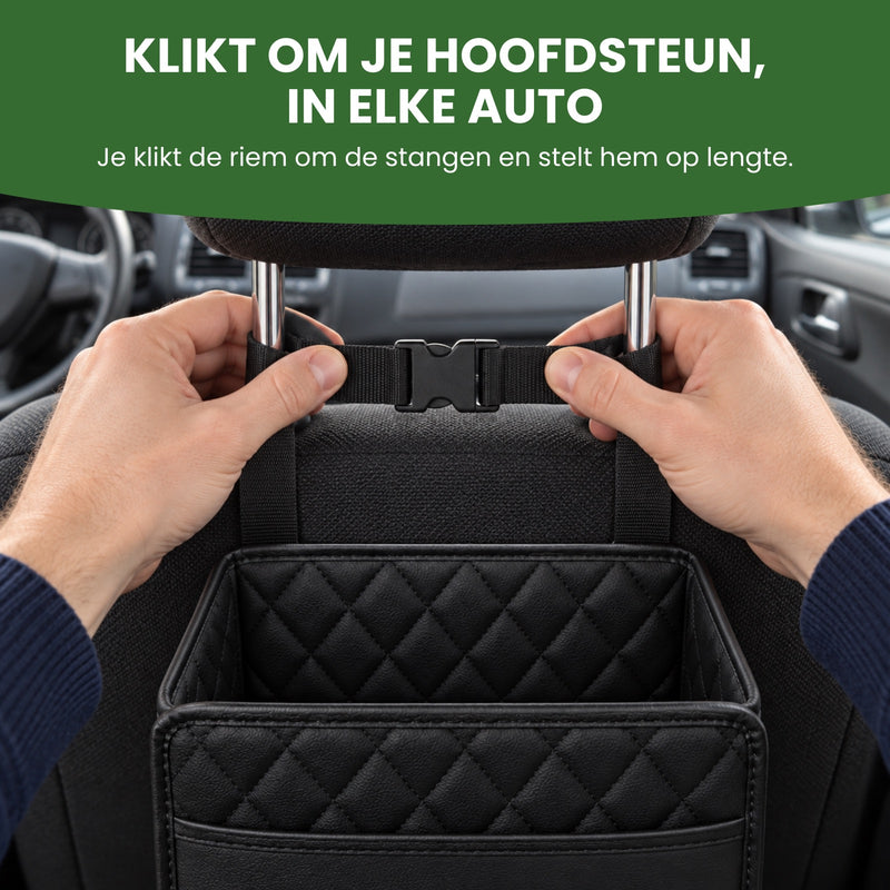 Twee handen sluiten de riem van de Navorra organizer met een kliksluiting om de stangen van de hoofdsteun: klikt om je hoofdsteun, in elke auto