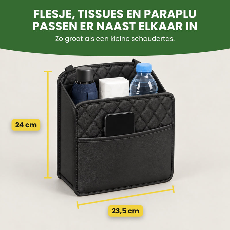 Navorra organizer met een paraplu, een pak tissues en een flesje water erin: 23,5 cm breed en 24 cm hoog, zo groot als een kleine schoudertas