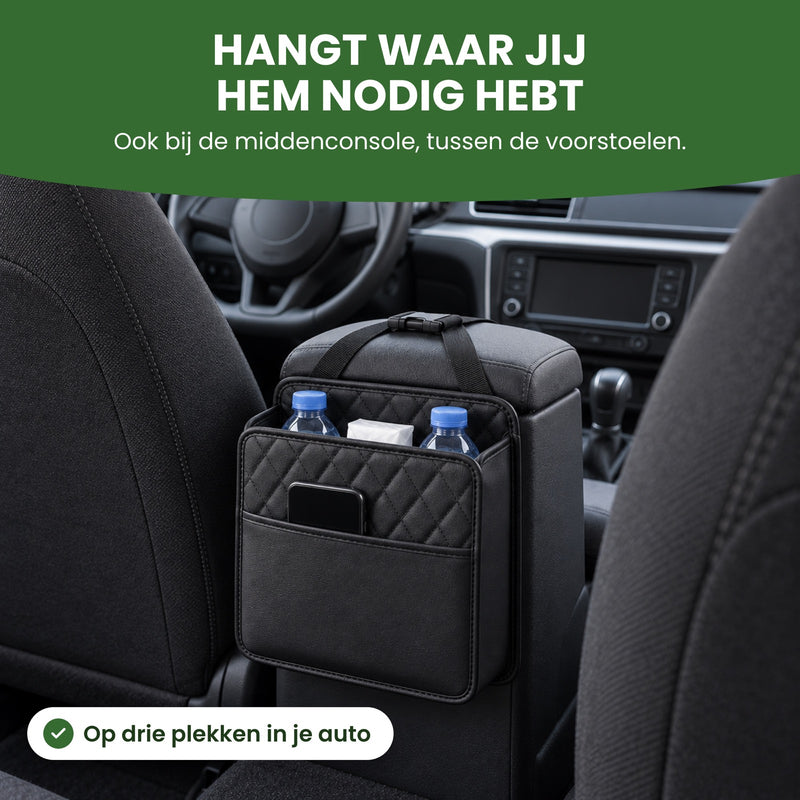 Navorra organizer bij de middenconsole tussen de voorstoelen, met twee flesjes water en tissues: hangt waar jij hem nodig hebt