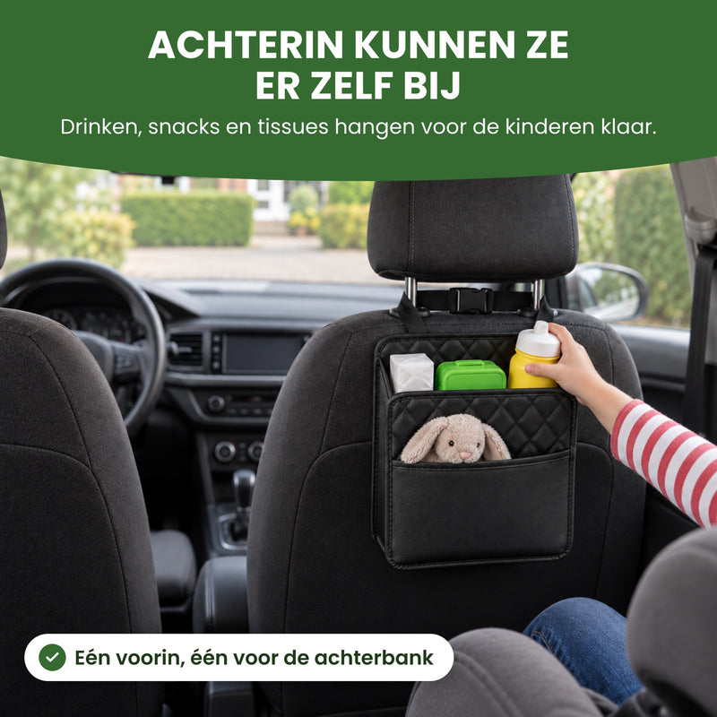 Kinderhand pakt een drinkfles uit de Navorra organizer achter de voorstoel, met een snackdoosje en een knuffel: achterin kunnen ze er zelf bij