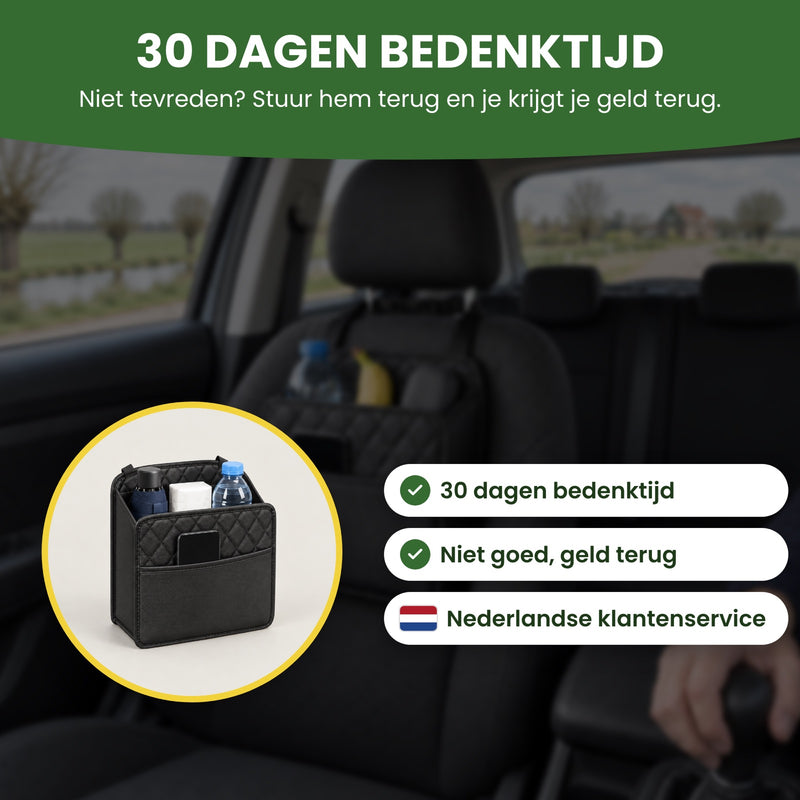 Navorra autostoel organizer met de labels ‘Niet goed, geld terug’ en ‘Nederlandse klantenservice’ met een Nederlands vlaggetje: 30 dagen bedenktijd