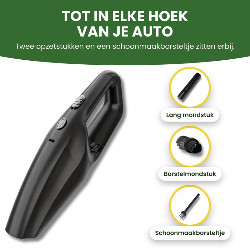 Neatix handstofzuiger met wat erbij zit: het lange mondstuk, het borstelmondstuk en het schoonmaakborsteltje. Tot in elke hoek van je auto