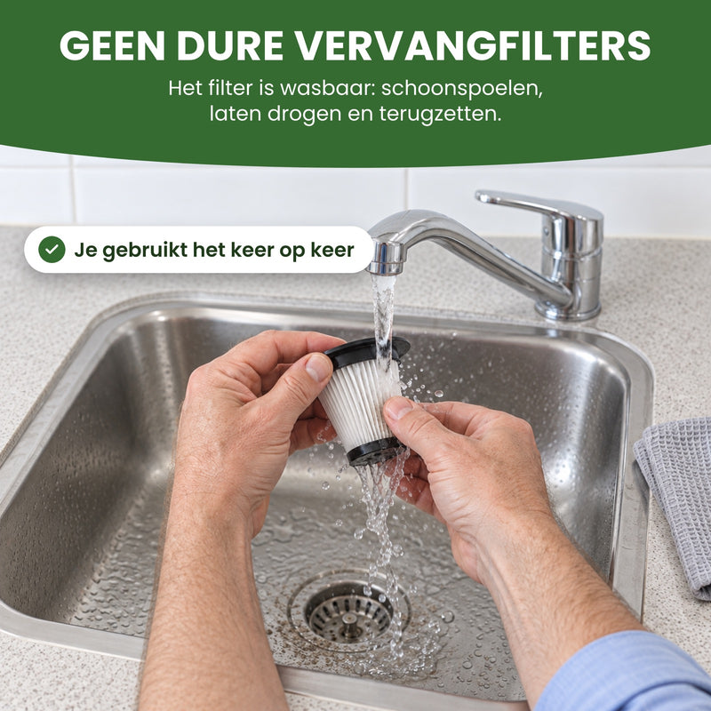 Twee handen spoelen het witte filter van de Neatix schoon onder de keukenkraan: geen dure vervangfilters