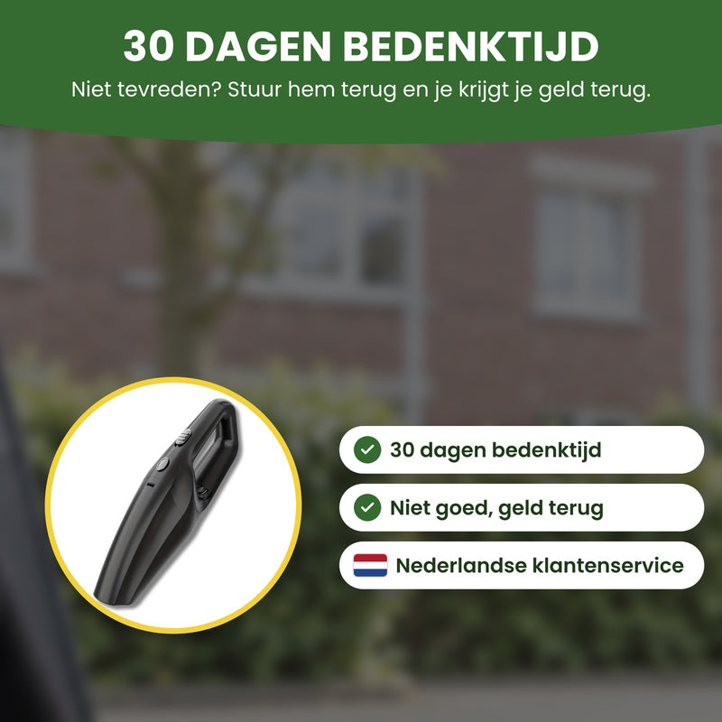 Neatix handstofzuiger in een cirkel, met 30 dagen bedenktijd, niet goed geld terug en Nederlandse klantenservice