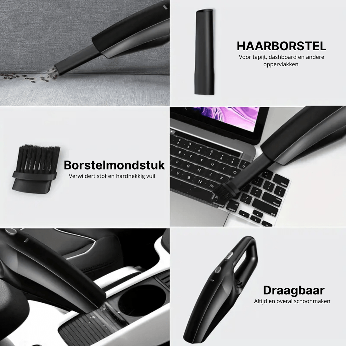Neatix™ handstofzuiger met opzetstukken voor tapijt, toetsenbord en autointerieur in gebruik getoond.
