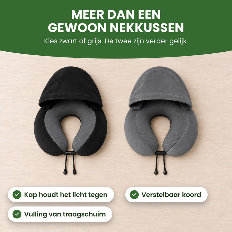 Zwart en grijs NeckEase reiskussen naast elkaar, elk met kap en koord: meer dan een gewoon nekkussen, kies zwart of grijs