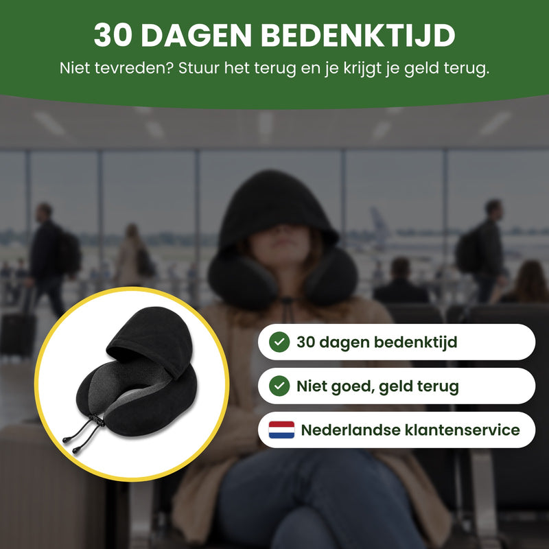 Zwart NeckEase reiskussen met 30 dagen bedenktijd, niet goed geld terug en Nederlandse klantenservice