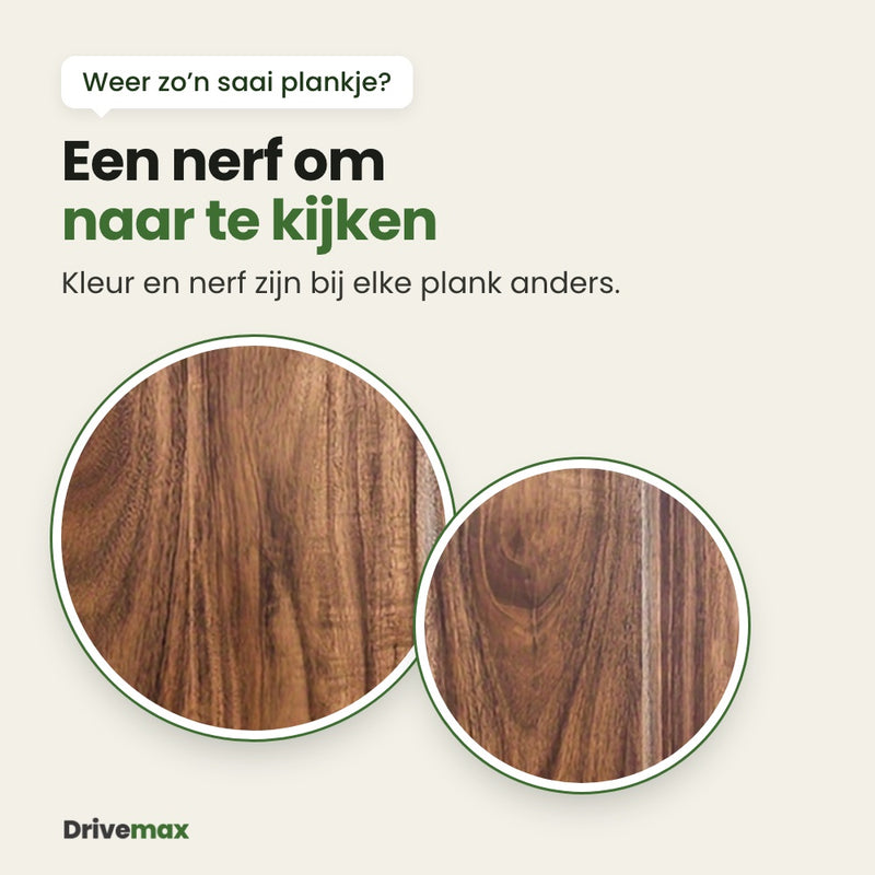 Twee ronde uitvergrotingen van het donkere hout van de Nerfova snijplank, met lichte en donkere lijnen in golven: kleur en nerf zijn bij elke plank anders