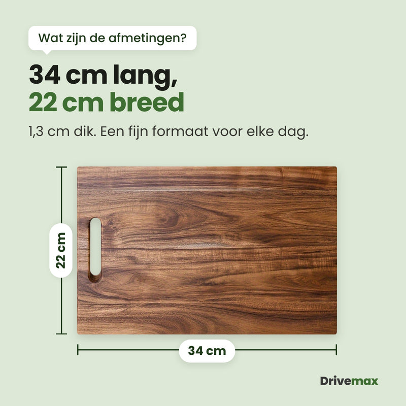 De donkere Nerfova snijplank plat van boven met maatlijnen: 34 cm lang, 22 cm breed en 1,3 cm dik