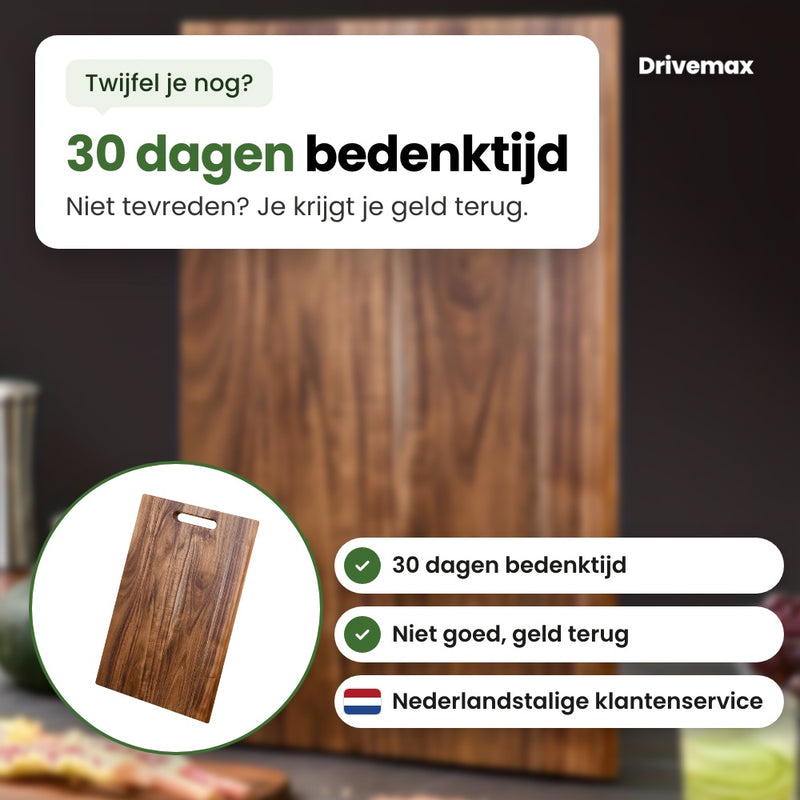 De Nerfova snijplank in een cirkel, met Nederlandstalige klantenservice: 30 dagen bedenktijd, niet goed geld terug