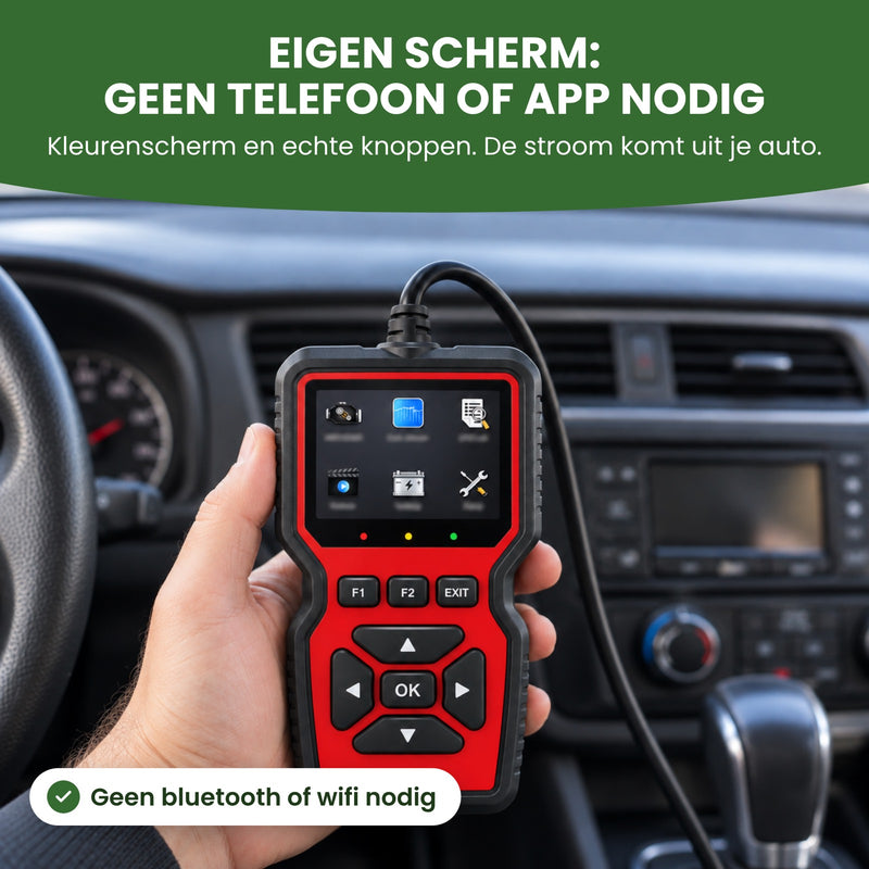 OBD2 scanner met eigen kleurenscherm en knoppen: geen telefoon, app, bluetooth of wifi nodig
