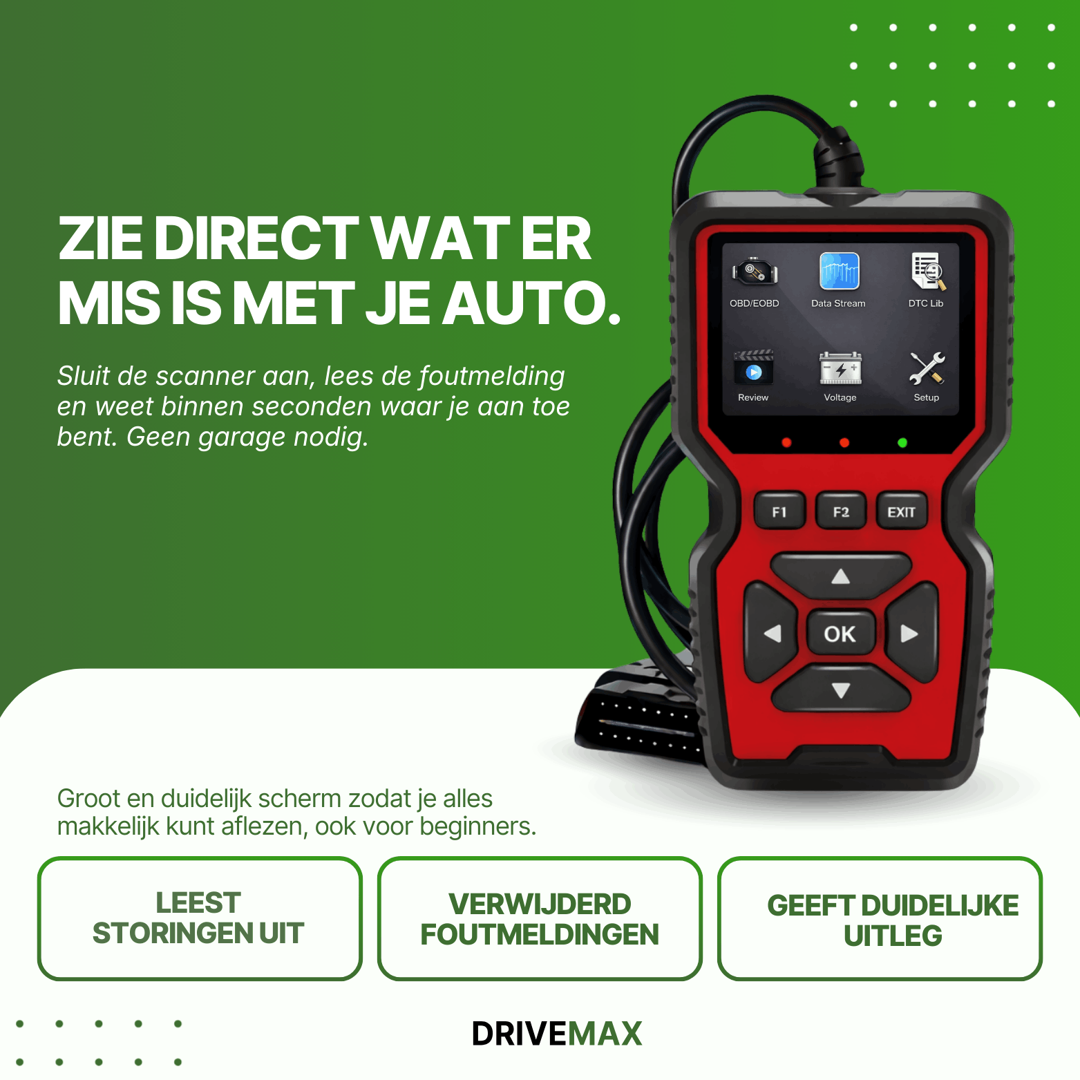 Rood-zwarte Drive Max OBD2 scanner met scherm en knoppen, met aangesloten kabel tegen groene achtergrond.