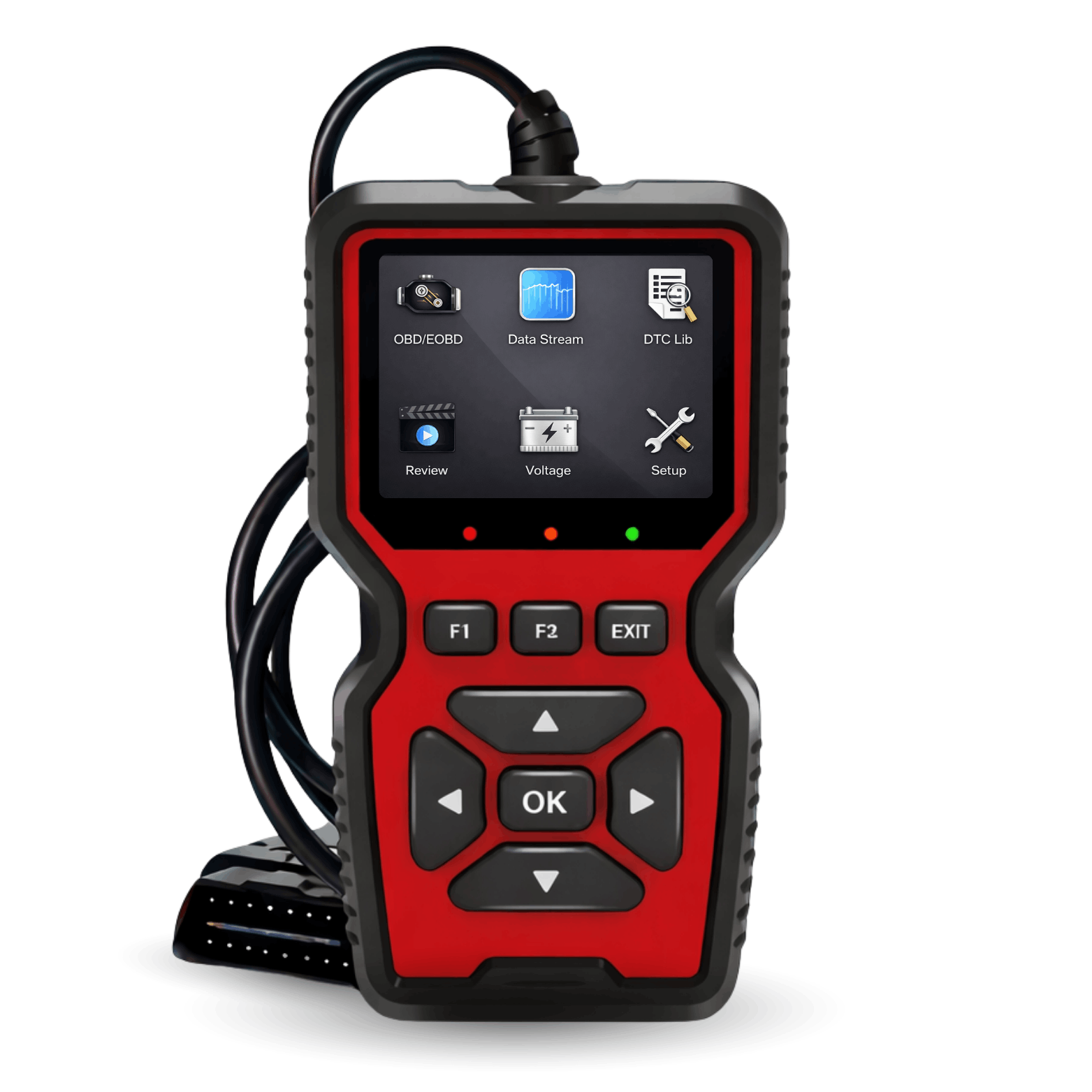 Rood-zwarte OBD2 scanner met scherm, bedieningsknoppen en aangesloten kabel, frontaal weergegeven.