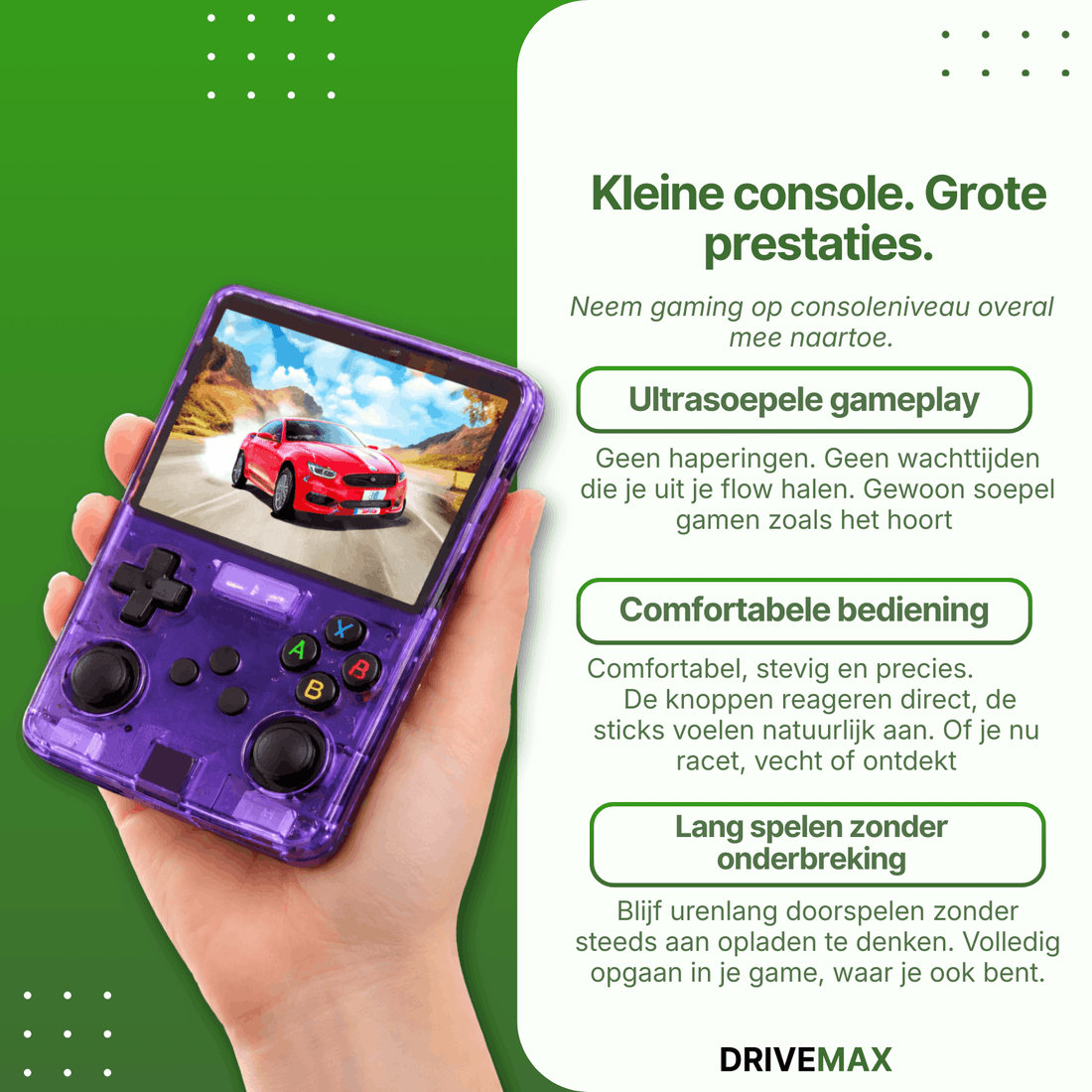 Paarse transparante handheld gameconsole in een hand met knoppen en scherm waarop een racegame wordt gespeeld.