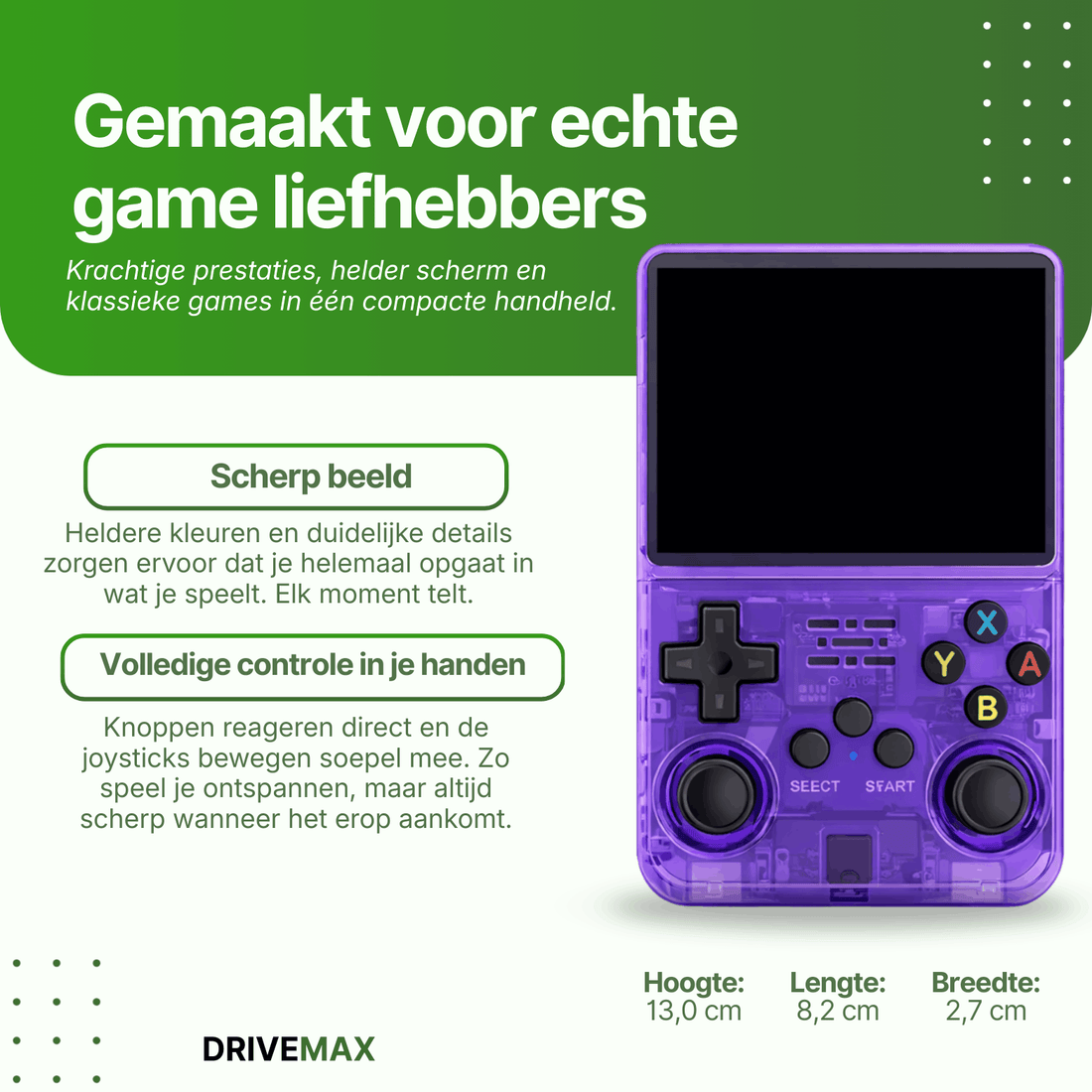Paarse transparante handheld gameconsole met knoppen en groot scherm aan de voorzijde.