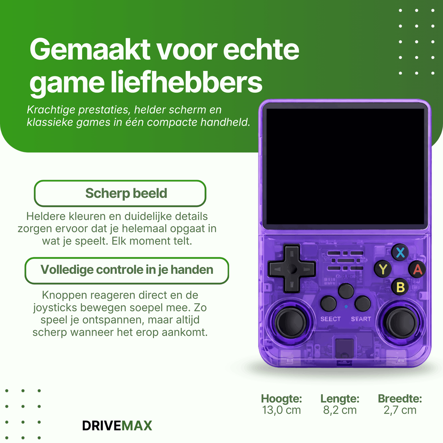 Paarse transparante handheld gameconsole met knoppen en groot scherm aan de voorzijde.