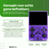 Paarse transparante handheld gameconsole met knoppen en groot scherm aan de voorzijde.