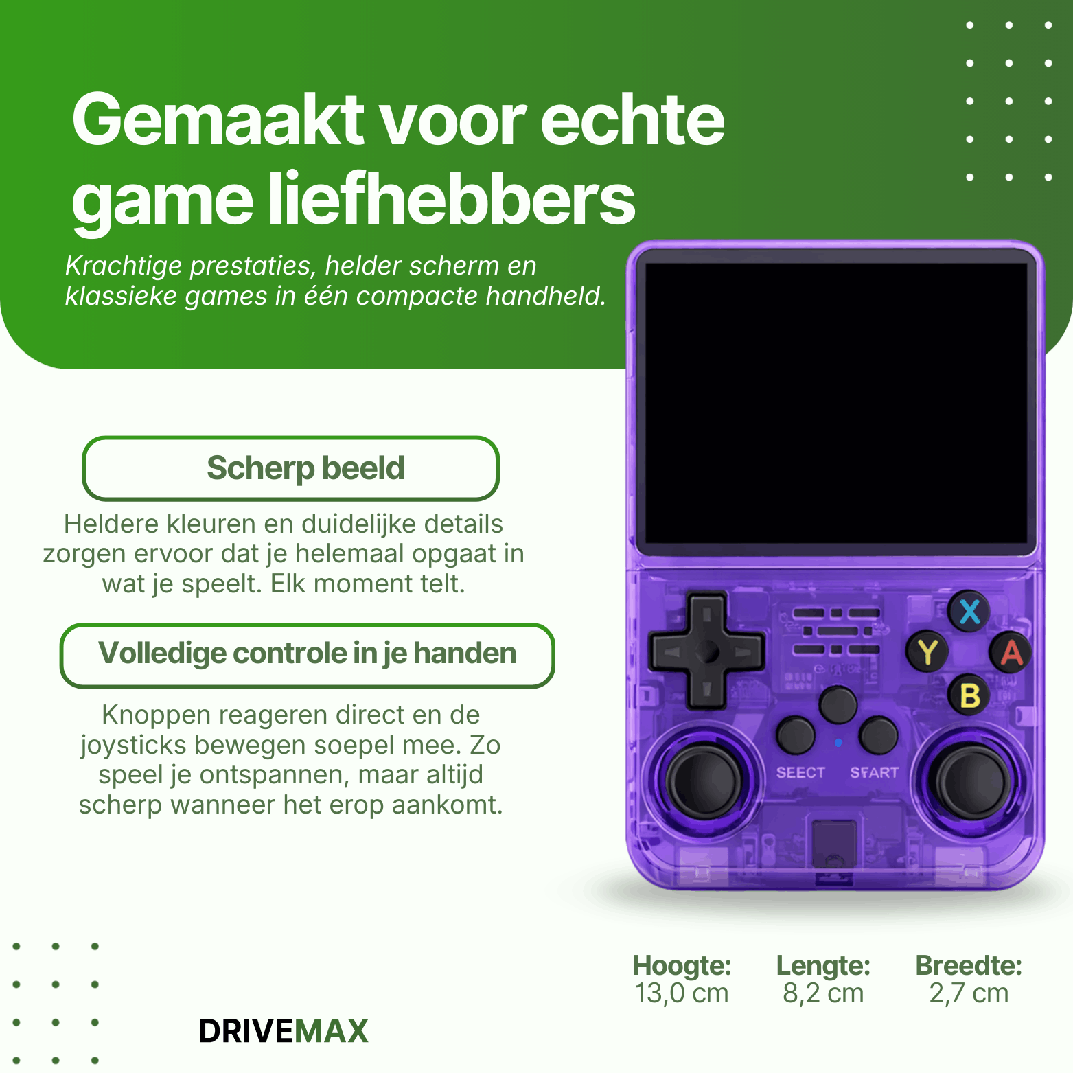 Paarse transparante handheld gameconsole met knoppen en groot scherm aan de voorzijde.